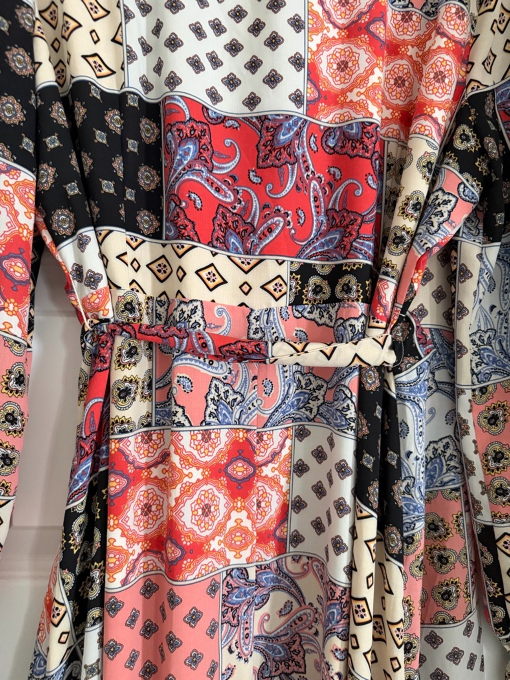 Skies Are Blue Patchwork Wrap Maxi Dress in Coral, Black & Cream - Picture 8 of 9
